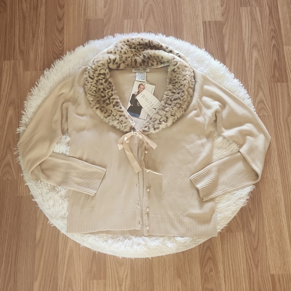 WHITE STAG Small Faux Fur Trim Sweater Women's Button Front Fall Sweater
